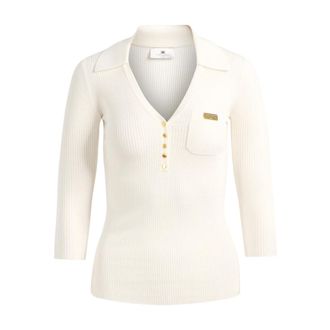 Elisabetta Franchi V-neck Knitwear, female, White, Size: XL Ribbed Knit Polo