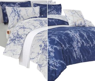 Elegant Comfort Reversible 10-Piece Marble Print Comforter Set, Includes 6-Piece Sheet Set with Double Sided Storage Pockets