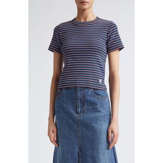 sacai Stripe Rib Cotton T-Shirt in Blue at Nordstrom, Size 2