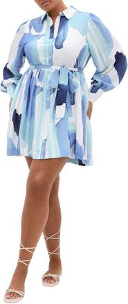 City Chic Ezra Tie Waist Long Sleeve Minidress in Tranquil at Nordstrom, Size Xxxs