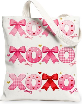 Generic ValentineS Day Hearts Canvas Tote Bags, Cute Ribbon Pattern Reusable Grocery Bags, Lightweight Washable Shoulder Strap Can, Peach, 13x15 Inch