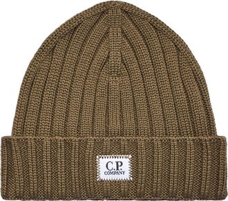 C.P. Company Extrafine Merino Wool Logo Beanie - Heren - Hoeden - Bruin - ONE Size - Wol - Accessoires