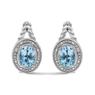 House of Brilliance Sterling Silver Oval Blue Topaz and Diamond Accent Twist and Halo Drop Earrings