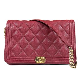 Chanel Red Color Grained Calfskin Chain/Shoulder Wallet (Pre-Owned)
