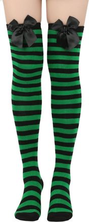 Generic Womens Thigh High Socks Ladies Girls Striped Over The Knee Thigh High Long Sock Cosplay Socks Stockings with Bow(Green,One Size)