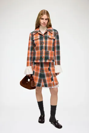 Ganni Mandarin Orange Skirt in Check Wool