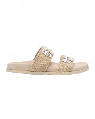 Pedro Garcia Womens Dilys Two-Band Embellished Frayed Linen Sandals In Flax