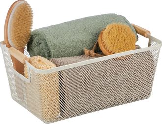 OEM Cesta De Almacenamiento Relaxdays, Asas De Madera, Rectangular, Cesta De Metal, Alto X Ancho X Profundidad: Aprox. 16,5 X 37 X 22,5 Cm, Decorativa