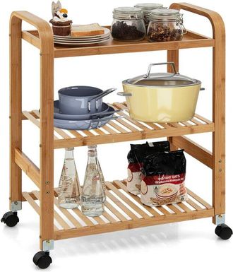 Costway Carrello da Cucina di Bambù, Scaffale da Cucina con 3 Livelli e Ruote Staccabili, Ideale per Casa Ristorante Bar, 58x33x76 cm - Costway