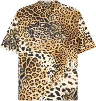 Roberto Cavalli Tops, Heren, Bruin, L, Katoen, Luipaardprint Katoenen T-shirt