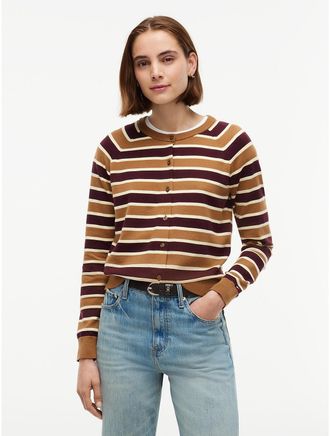 Tommy Hilfiger Womens Slim Fit Striped Crewneck Cardigan - Studio Stripe Burgundy - XXS