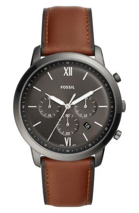 Fossil Neutra Chronograph Leather Strap Watch, 44mm in Brown/Grey/Smoke at Nordstrom