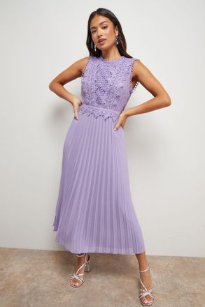 Oasis Womens Petite Lace Pleated Sleeveless Midi Dress - Mink - Size 10 UK