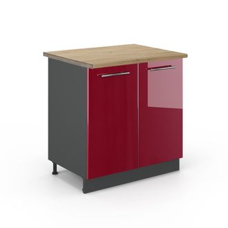 Vicco Armario Bajo Para Fregadero Fame-line, Rojo Burdeos Alto Brillo, 80 Cm Con Estante, Et Roble
