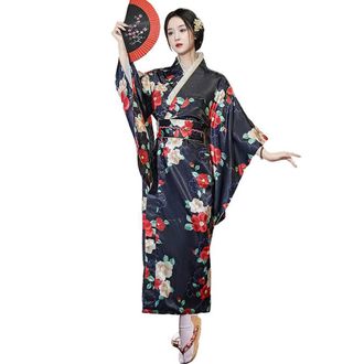 Generic Japanese Kimono Costume for Women Traditional Floral Print Yukata Geisha Long Swimsuit with Belt Obi, Marine, Talla &uacute;nica