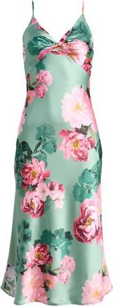 Emerald Sundae Floral Print Twist Front Satin Slipdress in Sage at Nordstrom, Size Medium