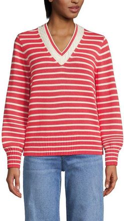 Lands End Drifter Set in Sleeve Vneck Sweater in Coral/ivory Mini Stripe at Nordstrom, Size X-Large P