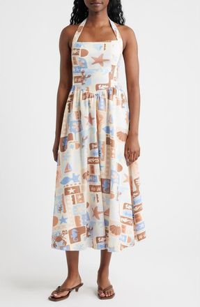 Moon River Beach Print Halter Sundress in Ivory/Blue at Nordstrom, Size X-Large