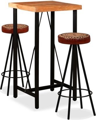 vidaXL Vidaxl Set Da Bar 3 Pz In Legno Massello Acacia In Pelle Vera E