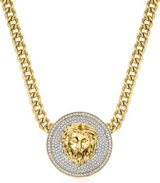 Ross-Simons Pave Diamond Lion Medallion Necklace in 18kt Gold Over Sterling