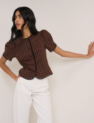 Nobody's Child Brown Gingham Puff Sleeve Tailored Top