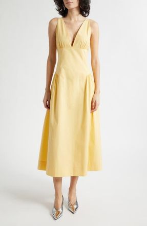 Poss&eacute; Lindie Plunge Neck Basque Waist Cotton Dress in Yellow at Nordstrom, Size Xx-Large