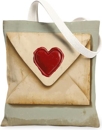 Generic Heart Seal Envelope Canvas Tote Bags, Vintage Letter Design Reusable Shopping Bags, Lightweight Washable Canvas for Travel Beach Picnic 13x15 Inch