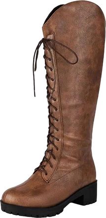 Generic Womens Retro Knee High Equestrian Boots Round Toe Medium Block Heel Platform With Lace Up For Daily Wear