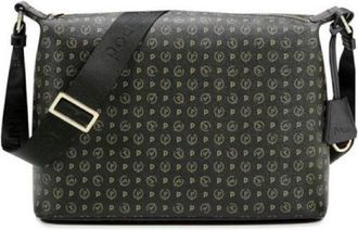 Pollini Elegante Zwarte Schoudertas met Heritage Print en Zwarte Inzetstukken - Dames - Schoudertassen - Zwart - ONE Size - Nylon - Tassen