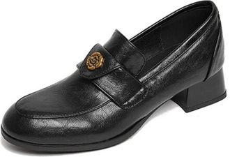 Generic Womens Slip-On Loafers Round Toe Gold Rose Embellishment Chunky Block Heel Textured Upper Closed Toe Lightweight Comfortable Durable,Black,4.5 UK