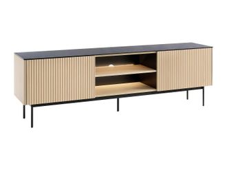 Vente-Unique Mueble TV 2 puertas y 2 estantes con LEDs en MDF y vidrio ahumado - Natural claro y Negro - SAYERA