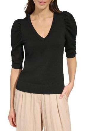 DKNY Puff Sleeve V-Neck Sweater in Black at Nordstrom, Size X-Small