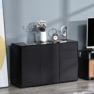 HOMCOM Gloss Push-Open Side Cabinet W/ 2 Drawer, 2 Door Cabinet for Home Office in Black