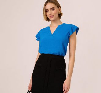 Adrianna Papell Flutter Sleeve Top With Notched Neck In Egyptian Blue