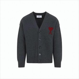 Ami Dark Grey Wool Cardigan With V-Neckline