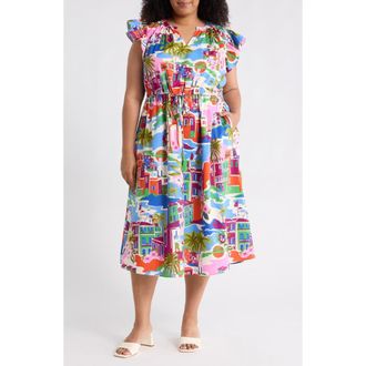Sugarlips Karani Starburst Flutter Sleeve Tie Waist Midi Dress in Cream Blue Multi at Nordstrom, Size 1X