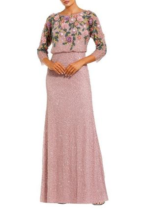 Mac Duggal Floral Embellished Long Sleeve Gown in Vintage Lilac Multi at Nordstrom, Size 16