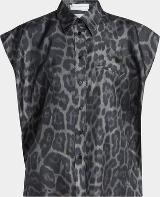 Stella McCartney Leopard-Print Silk Cap-Sleeve Button-Down Top