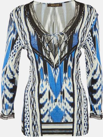 Roberto Cavalli Blue/black Printed Jersey Lace Detail Top