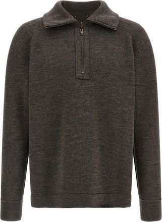 Maison Margiela Quarter-Zip Wool with Contrast Ribbon Sweater - Gray