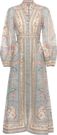 Zimmermann Plunge Midi Dress With Floral Print And Puff Sleeves