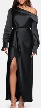 Xscape Satin Off Shoulder Long Sleeve Maxi Dress In Black