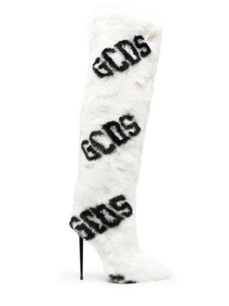 GCDS 110mm faux-fur logo-print boots - women - Calf Leather/Calf Leather/Acrylic/Polyester - 36 - White