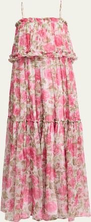 Chlo&eacute; Rose Silk Chiffon Ruffle Tiered Maxi Dress