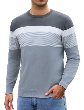 iClosam Mens Round Neck Striped Knit Sweater Slim Fit Long Sleeve Pullover, dark grey, S