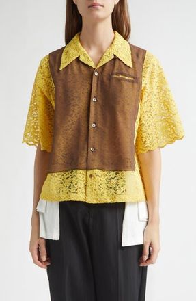 Undercover Mixed Media Lace & Chiffon Camp Shirt in Yellow at Nordstrom, Size 1