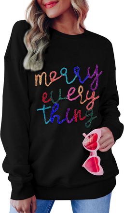Azura Exchange Zwarte Merry Every Thing Glitter Slogan Sweatshirt