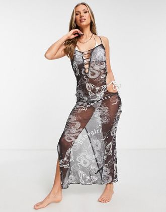 Asos mesh cut out maxi beach dress in tattoo print-Multi