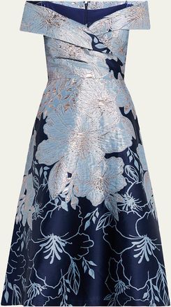 Teri Jon Off-Shoulder Metallic Jacquard Midi Dress