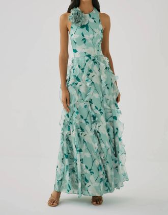 Hutch Loulou Halter Dress In Green/ivory Watercolor Vining Daffodils